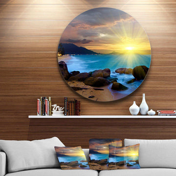 Bright Yellow Sun over Blue Waters - Sea & Shore Circle Metal Wall Decor